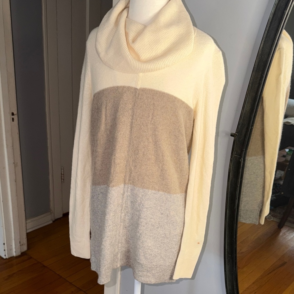 Lauren Ralph Lauren 100% Cashmere Cream, Tan, and Gray Cowl Neck Sweater